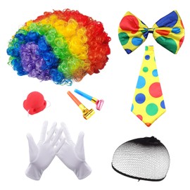 MUNSKT 7 PCS Clown Costume Wig Accessory Set,Afro Rainbow Wig,Colourful Tie,Clown Nose, Gloves, Whistle,Colourful Bow Tie, Hair Net for Role Play Parties, Mardi Gras and Carnivals