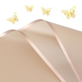 Waterproof Flower Bouquet Wrapping Paper with 3D Butterfly Two-Sided Gold Edge Floral Packaging Paper 20 sheets Wedding Mother's Day Deco 22.44 x 22.44 inch (Khaki -20pcs)