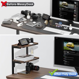 Spacrea clamp on Desk Shelf, 2 Tier Office Desk Shelves Organizer, Wood Desktop Supplies Storage Rack, Desk Organizers and Accessories (Wood)