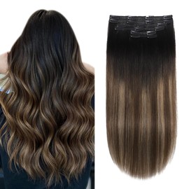 XDhair Clip in Hair Extensions,120g 18inch Balayage Black to Chocolate Brown Mix Caramel Blonde Clip in Hair Extensions Human Hair Straight Remy Hair Extensions 6pcs (18, natural black/4/27)