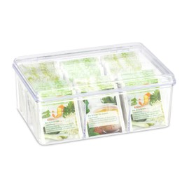 Relaxdays 1 x tea box, 6 compartments, 90 tea bags, tea caddy with hinged lid, aroma protection, H x W x D 9 x 21.5 x 14.5 cm, transparent