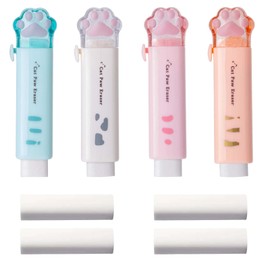 Cat Paw Shaped Cute Erasers 4 Pcs Retractable Kawaii Eraser with 4 Pcs Papermate Eraser Refills Push Pull Design Eraser for Kids Girls Cat Rubber Aesthetic Erasers Student Home School Supplies