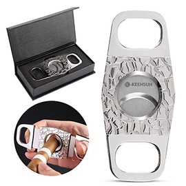 KEENSUN - Zinc Alloy Cigar Cutter Guillotine Stainless Steel Double Blade, Portable Cigar Cutter Tool with Crack Texture Polished Shell (Silver) and Gift Box