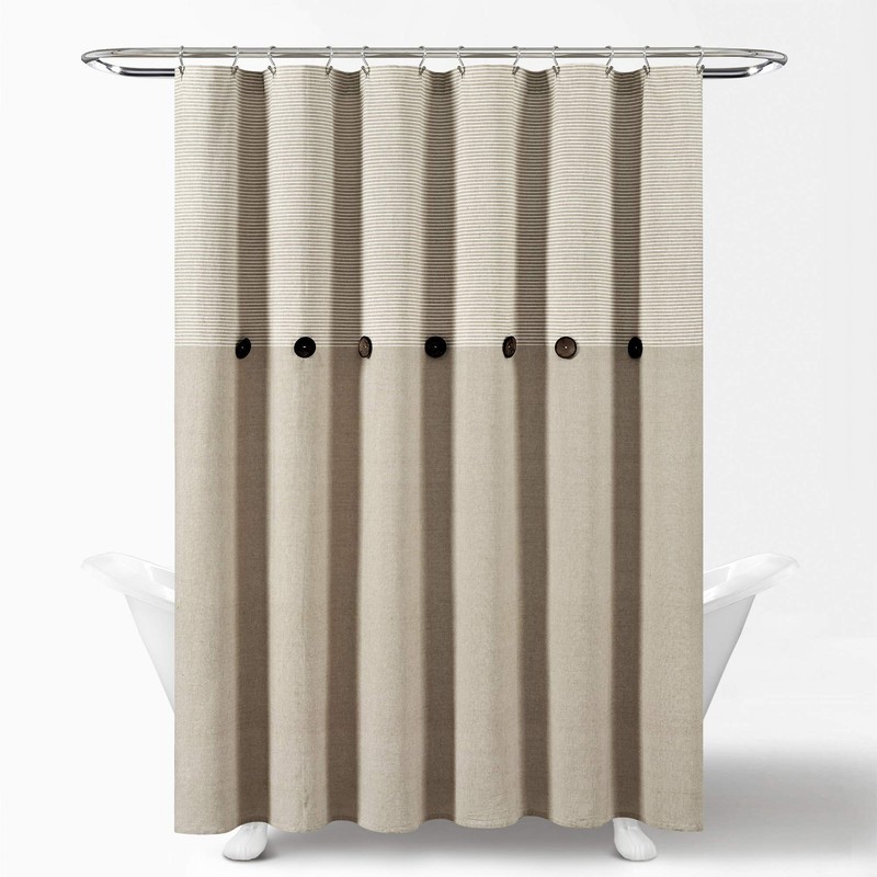 Lush Decor Beige Linen Woven Cotton Shower Curtain, Farmhouse Button