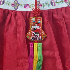 Seoulful Vintage Korean Turtle & Crane Norigae - Traditional Embroidered Good Luck Charm with Tassel - Hanbok Accessory (Blue)