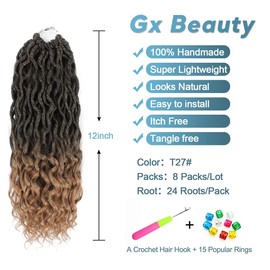 Gx Beauty Goddess Locs Crochet Hair - 8 Packs, 12 Inch Curly Faux Locs, Synthetic Braiding Hair Extensions (T1B-27#, 12 Inch, 8 Packs)