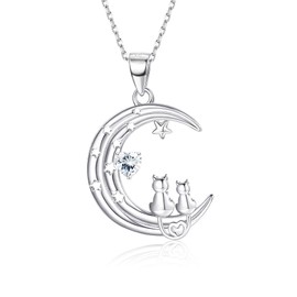 Adramata Women's Necklace 925 Sterling Silver Cat Pendant Necklace Moon Pendant Necklace Two Cute Cat Necklace Anniversary Birthday Jewellery, Sterling silver
