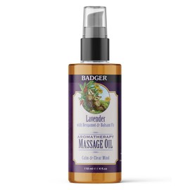 Badger Lavender Massage Oil, 100% Organic Massage Oil, Relaxing & Moisturizing Pure Aromatherapy Oils of Lavender, Bergamot & Balsam Fir, 4 fl oz Glass Bottle