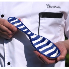 Cleminson Spanish Ceramic Kitchen Spoon Rest – Hand-Painted Striped Utensil Holder | 27cm, Dishwasher Safe, for Tongs, Wooden Spoons, Spatulas | Tea Bag Holder (Blue Stripes)