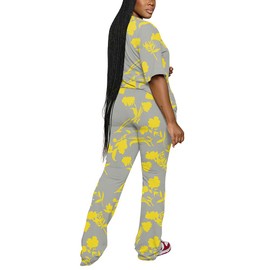 PINSV Womens Sets 2 Piece Outfits Casual Short Sleeve Top and Flare Pants Lounge Sets Tracksuit Yellow B XL