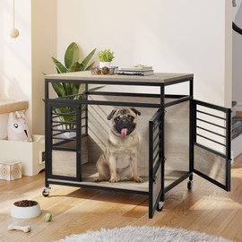 DWVO Dog Crate Furniture, 32 Inch Dog Kennel Indoor Furniture End Table Dog Crate for Dogs, Modern Decorative Dog Crate Wooden Dog Crate Furniture with Wheels, Chew-Resistant, Grey