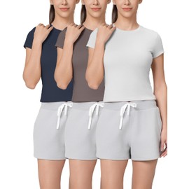 SPRUCE INT Crop Top for Women - 3 Pack Basic Summer Modal Baby Tee Trendy Wrinkle Free Fitted Short Sleeve Tshirt for Workout (White Black Brown-XL)