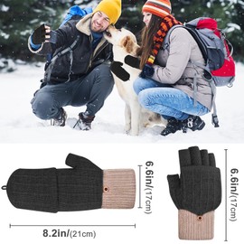 Qooloo 2 Pairs of Women's Fingerless Gloves, Women's Winter Warm Mittens Knitted Gloves with Flip, Mittens Warm Winter Gloves, Sports Warm and Windproof Winter Gloves, black