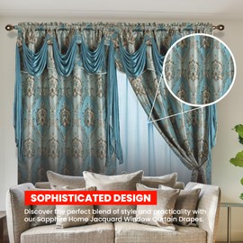 Sapphire Home Jacquard Window Curtain Drapes - Attached Valance Scarf, Sheer Backing, 2 Tassels - Traditional Floral Curtain Drape - Living/Dining Rooms (Blue, 63")