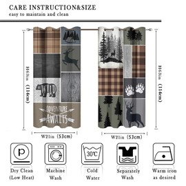 Retro Cabin Bear Deer Room Darkening Blackout Window Curtains with Grommets,Country Farmhouse Hunting Theme Wildlife Plaid Check Lodge Energy Efficient Window Treatment 2 Panels 45L x 21W