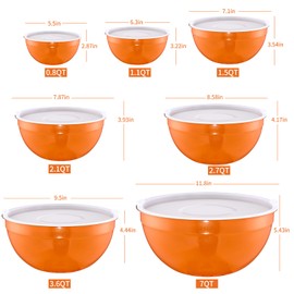 LKTDYMEG Orange Mixing Bowls with Lids Set of 7, Stainless Steel Nesting Bowl with Khaki Lid for Non-slip Mixing Prepping Storing Serving, 7 Sizes-7/3.6/2.7/2.1/1.5/1/0.8 QT