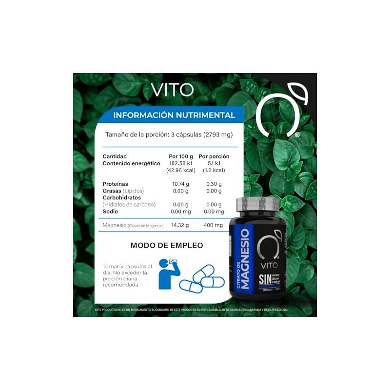 VITO Citrato de Magnesio 400 mg sin Azúcar Gluten ni