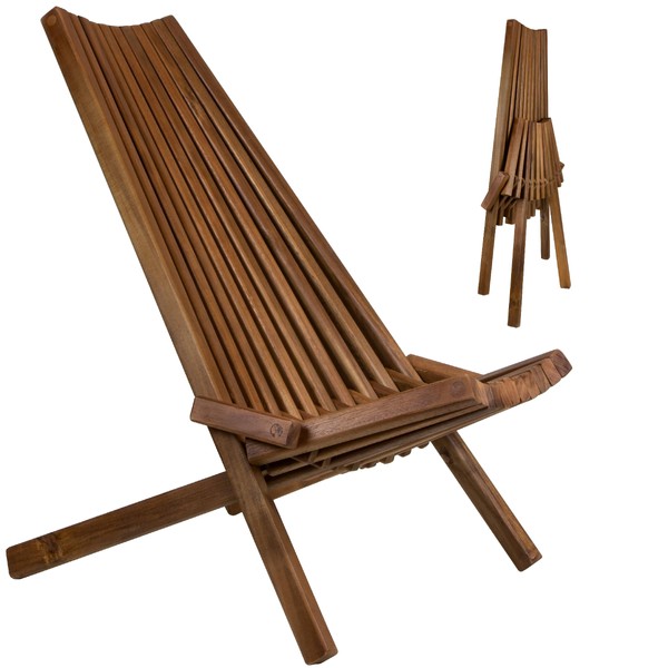 CleverMade Tamarack Folding Wooden Outdoor Chair -Stylish Low Profile Acacia Wood Lounge Chair for the Patio, Porch, Lawn, Garden, Assembly Required, Cinnamon