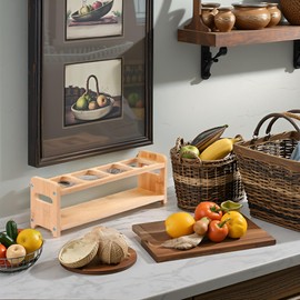 Oil Bottle Rack, Wooden Kitchen Organizer Shelf Rack with Anti Slip Rubber Pad 4 Hole Olive Oil Dispenser Shelf Oil Bottles Storage Shelves for Kitchen Cabinet (Slots)