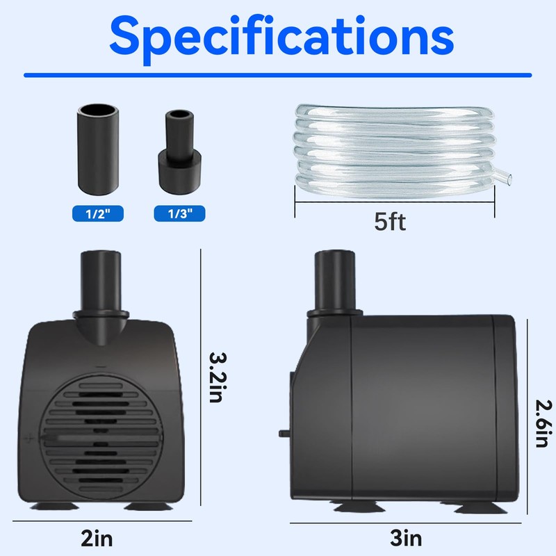 Submersible Pump 200GPH with AUTO-Shut-Off 5.2ft High Lift for Fountains,
