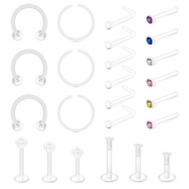VFUN Clear Nose Stud 20 g Nose Piercing for School Plastic Nose Stud Clear Nose Stud Leather Piercing for School Work Acrylic Nose Stud Retainer, Plastic