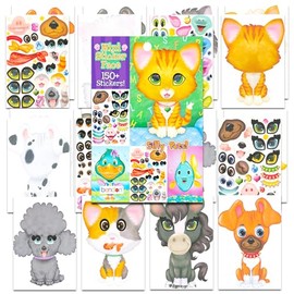 24 Pcs Make-a-Face Sticker Sheets, Pets Puppies Kittens 5" x 7" Mix and Match Sticker Sheets Total 150+ Stickers, Party Favors, Kids Party Supplies | Cats and Dogs Make Your Own Sticker Face Designs