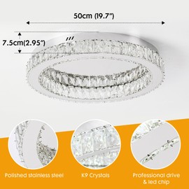 Kinhoou 19.7" Modern Crystal Chandelier LED Ceiling Light, 60W Flush Mount Ceiling Light Fixture 6000K Cool White, Large Round Crystal Chandeliers for Dining Room Living Room Bedroom Kitchen Foyer