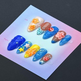 100% Handmade Press on Nails Medium Almond Handmade Nails with Yellow Flower Design Blue False Nails Glossy Pearl Rhinestones Nail Press ons Reusable Acrylic Fake Nails for Women Girls Size L 10Pcs