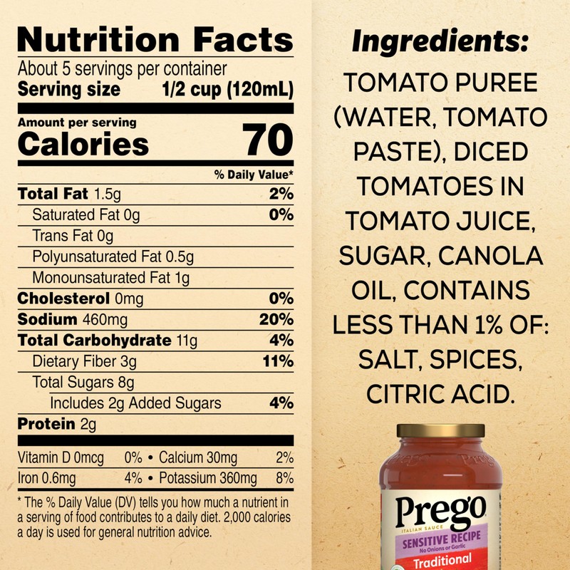 Prego Traditional Sensitive Recipe Low FODMAP Pasta Sauce, 23.75 Oz