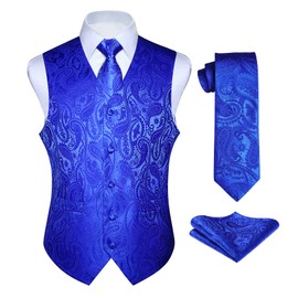 HISDERN Conjunto de corbata de chaleco para hombre, diseño de cachemira, floral, jacquard, con bolsillos, para traje o esmoquin, Azul Rolay., Small