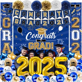 Blue Gold Graduation Party Decorations 2025, Class of 2025 Graduation Party Supplies Include Congrats Grad Banner, Grad Backdrop, Porch Sign,Balloons, Foil Number 2025, Congrats Grad Party Decorations