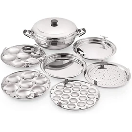 Tabakh Stainless Steel Multi Kadai with Steamer Plate, Mini Idli Plate, 2 Idli Plates, 2 Dhokla Plates, Induction Friendly