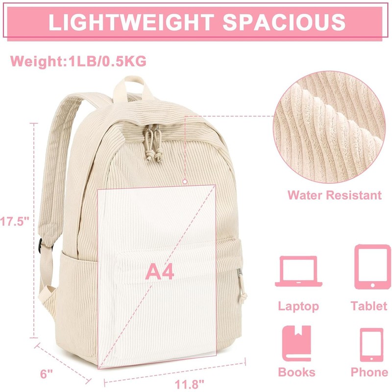 BLUBOON Backpack for Women School Backpack Travel Hiking (Corduroy Beige)