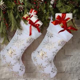 4 Pack Snowy White Christmas Stockings with Faux Fur, Plush 18 inches Xmas Stocking with Gold Embroidered Snowflake Hanging Ornaments for Home Xmas Party Decoration