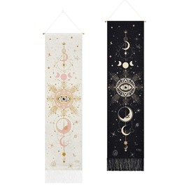 Yugarlibi Set of 2 Moon Phases Tapestry, Flowers Wall Hanging, Black and White Tapestry, Decorative Bohemian Cotton Long Tapestries, Wall Art for Bedroom, Black and White, 130 x 32.5 cm