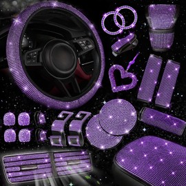 NBTEPEM 30 Pcs Purple Bling Car Accessories Set for Women, Purple Steering Wheel Cover Set, Bling Console Cover, Seat Belt Cushion, Shift Knob Cushion, Cup Coaster, Rhinestone Car Hanging Accessories