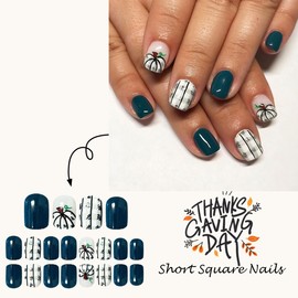 Press on Nails Short Square Fake Nails Pumpkin Glue on Nails Fall Dark Green False Nails Medium Acrylic Nail Press ons Full Cover Grids Design Thanksgiving Stick on Nail for Women Manicure 24Pcs