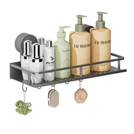 Wisfame Rustproof Shower Caddy Suction Cup,No Drilling Max Hold 10KG Bathroom Shelf with 5 Hooks,Removable Waterproof Bathroom Basket Storage Organizer for Shower Accessories - Grey