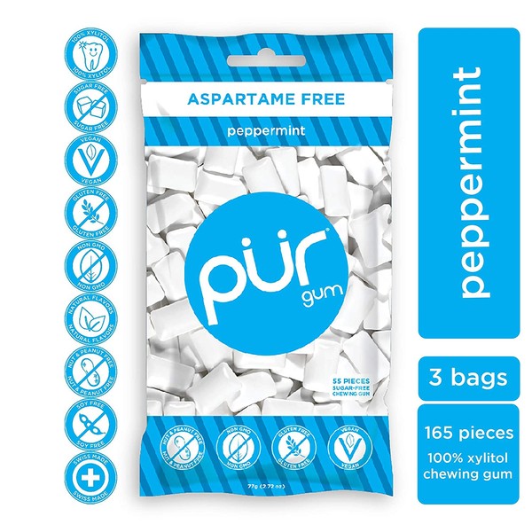 PUR 100% Xylitol Chewing Gum, Sugarless Peppermint, Aspartame Free & Sugar free, Vegan & Keto Friendly - Relieves Dry Mouth - Fresh Mint Pure Natural Flavored Candy, 55 Count (Pack of 3)