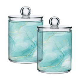 BOENLE 2 Pack Qtip Holder Dispenser Turquoise Marble Bathroom Storage Canister Lid Acrylic Plastic Apothecary Jar Set Vanity Makeup Organizer for Cotton Swabs/Pads/Floss