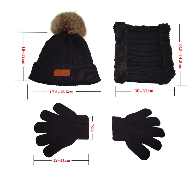 MAILEKT 3-in-1 Children's Winter Hat Scarf Gloves Set, black