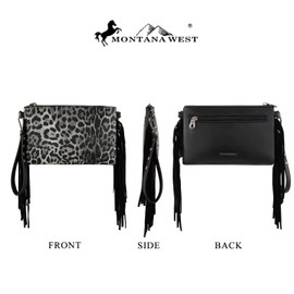 Montana West Western Fringe Mini Crossbody Bag Leopard Print Vintage Cowhide Hair on Clutch Handbags Cowgirl Leather Shoulder Purse with Leather Fringe Tassel MW1217-1812LP-BK