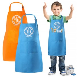 KEELYY Malschürze Kinder, 2 Stück Schürze Kinder mit Taschen, Kochschürze Kinder Jungen Mädchen, Verstellbare Kleinkind Schürzen für Malen Basteln Backen Kochen, 7-12 Jahre (Blau und Orange)