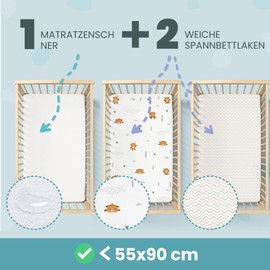 2 x fitted sheets made of 100% cotton with elastic band, 1 x mattress protector made of 100% waterproof material, set of 3, 55 x 90 cm, teddy bear