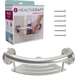 HEALTHCRAFT Plus 2-in-1 Corner Shelf and Grab Bar 9.5" inch, ADA Compliant, Wall-Mounted Bathroom Safety Grab Bar for Seniors, Supports up to 500 lbs in Brushed Stainless