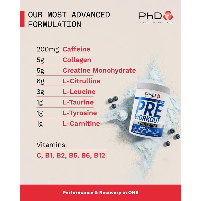 PhD Pre-Workout Powder - Blueberry Pre-Exercise Drink with Creatine, L-Citrulline,