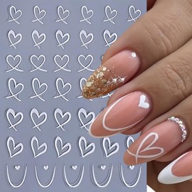 8Pcs Valentine's Day Nail Art Stickers Hollow Hearts Nail Decals 3D Self Adhesive Black White Pink Peach Heart Shaped Nail Design Valentine French Sticker for Women Valentine Holiday Nail Decoration