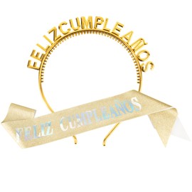 BOOMTOP Spanish Headband Birthday Headband Feliz Cumpleaños and Sash Set Hair Accessories Gold