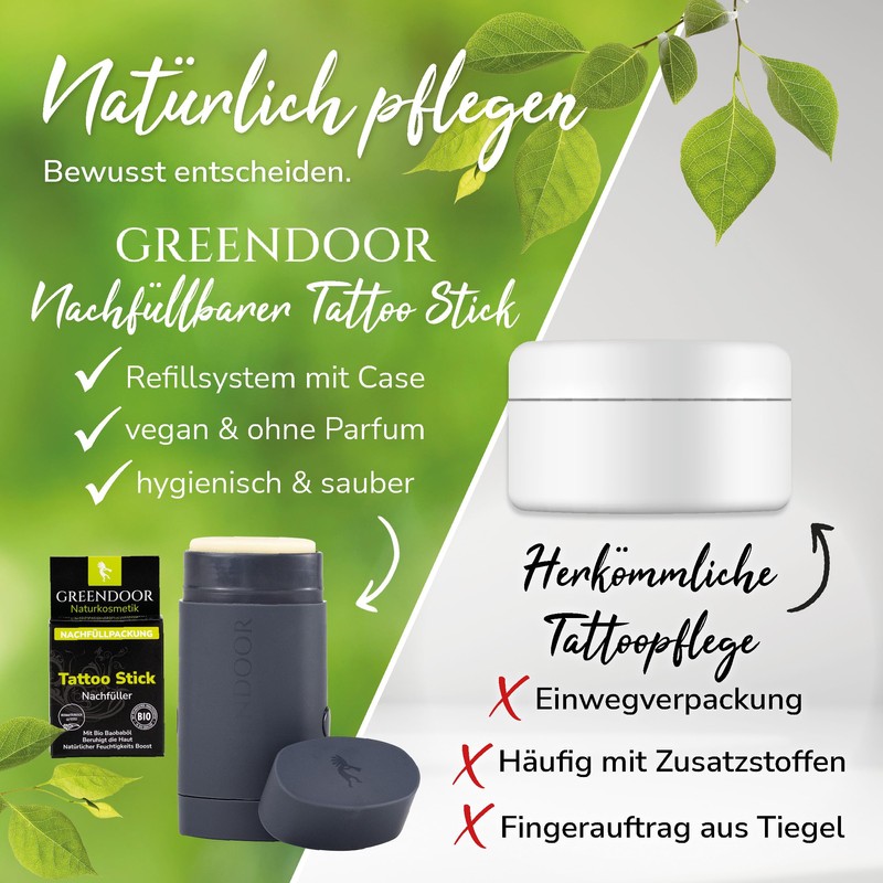 GREENDOOR Tattoo Pflege Stick Set 34g, Nachfüllsystem mit Case, Vegan,