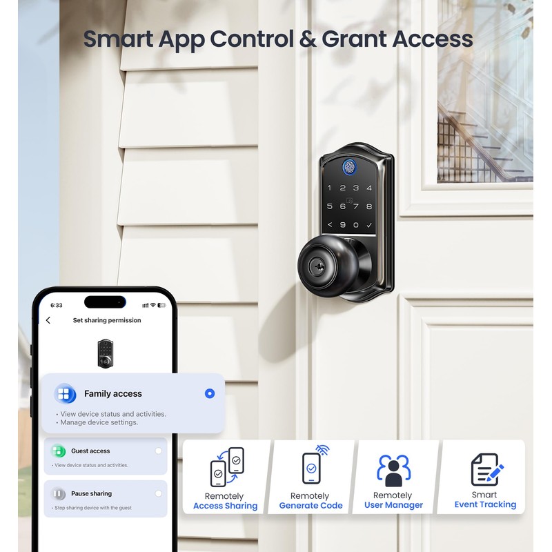 Veise VE018 Smart Knob Handle Lock - Fingerprint, App Control,